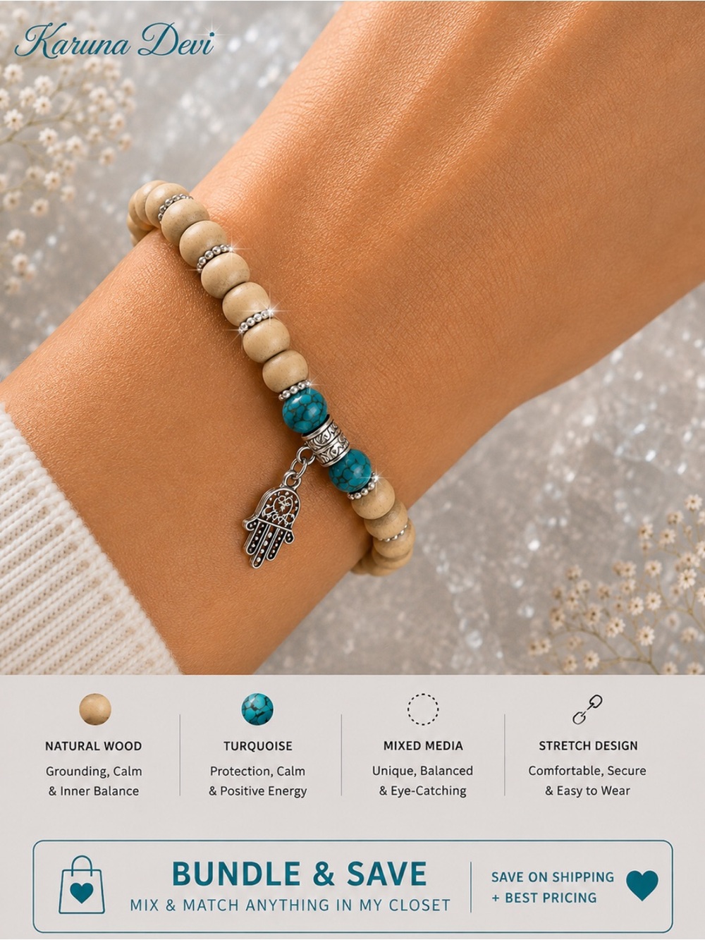 2 for $30 Turquoise agate Genuine Stone & Wood Hamsa Layering Bracelet